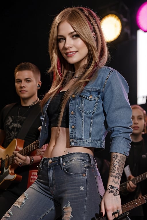 Avril Lavigne, 22 years old, smile, dark lips, rebel look, punk girl hairstyle,  avril lavigne face, she is playing a guitar in a concert, cropped denim jacket, tight blue jeans, punk girl makeup, full body shot, slim girl