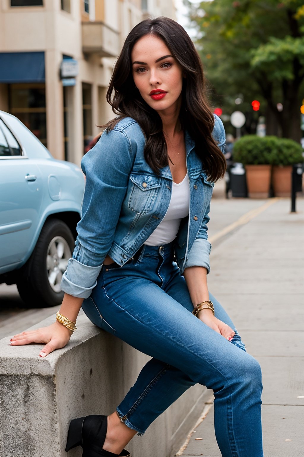 beautiful face, hot red lips, hot make-up, wearing cropped denim jacket and tight levis jeans in light blue color,blackbootsnjeans,Sexy Pose,Megan fox 