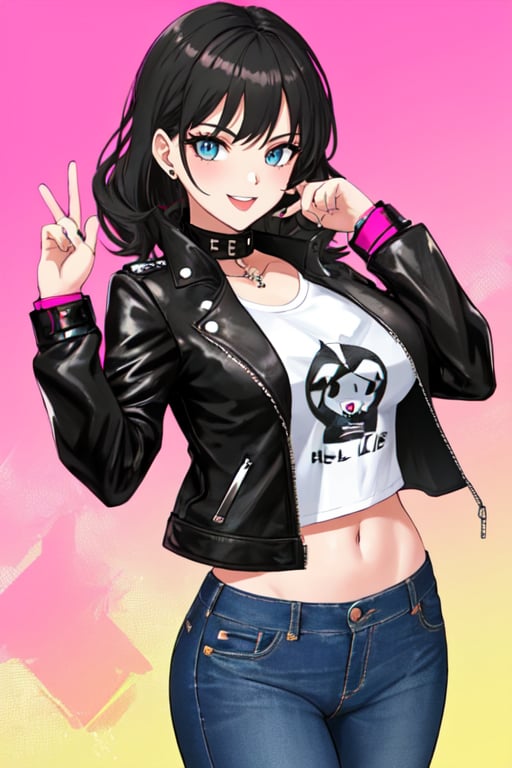 Bad and rebel girl having a good time in a party and posing so flirty, slim body, she is wearing a rebel and bad girl outfit with tight jeans and a cropped jacket to her waist,girl