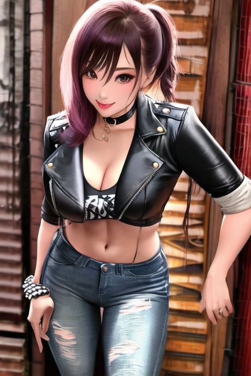 Bad and rebel girl having a good time in a party and posing so flirty, slim body, she is wearing a rebel and bad girl outfit with tight jeans and a cropped jacket to her waist,girl,kairisane