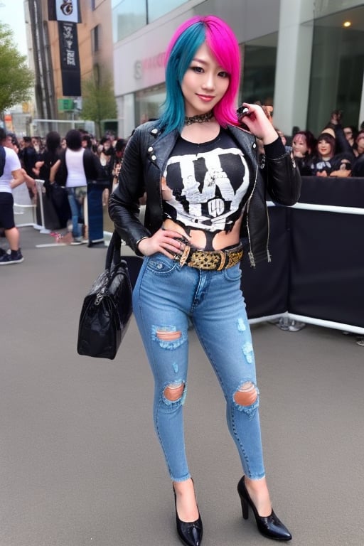 hot japanese girl, she is a repeat offender criminal, 39 years old, torn jeans, biker jacket and Ramones t-shirt, punk fashion belt, asuka make-up, asuka face, asuka hairstyle, blue pink hair color, smiling flirty and provocatively, posing defiant, realistic, full body shot,hot girl