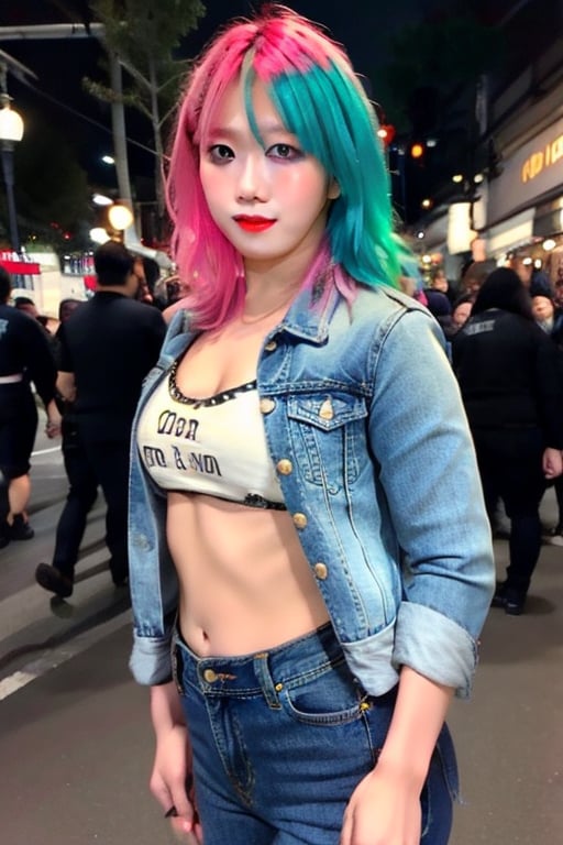 japanese woman, beautiful detailed eyes, tight jeans, tight cropped small denim jacket, punk girl make-up, blue and pink hair, hot red lips, posing very sexy and flirting in a street at night, realistic