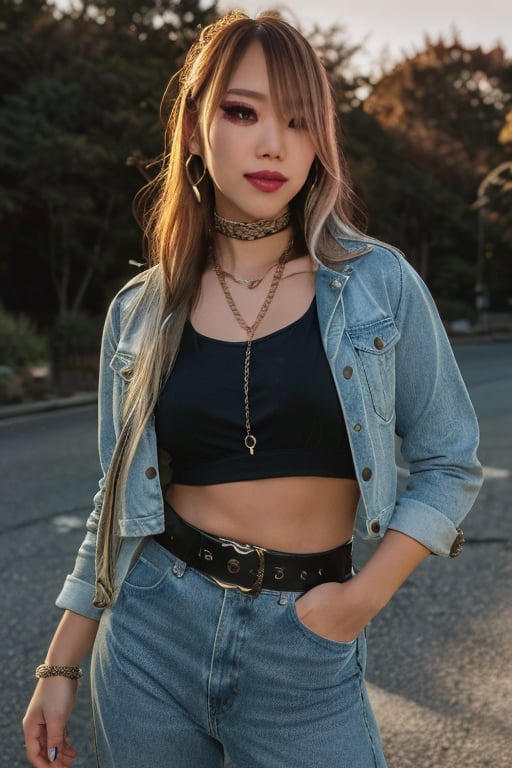 Japanese levi's girl 36 years old standing candidly, flirty pose, she is wearing levi's clothes, levi's ex-boyfriend jacket, hot latina t-shirt type, jewel bracelerts, waist chain, fashion outfit, raw style, punk like make up, large hoop earrings, long hair, kairi sane hairstyle, blonde hair, Sony A7III, aspect ratio 1:2, hyperreal, photorealistic quality, dramatic backlighting, soft shadows, depth of field, ultra clear, UHD drawing