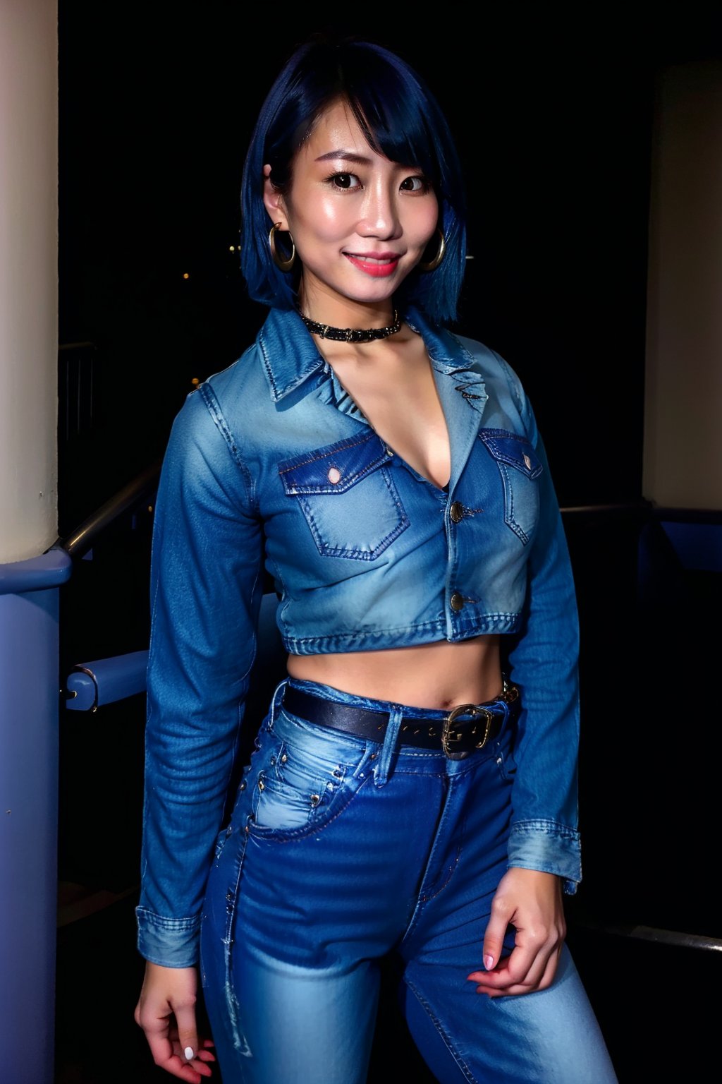 Japanese woman wearing cropped light blue denim jacket and tight light blue jeans, 19 years old, punk belt, fashion girl make-up, big hoop earrings, flirty lips, smile, she is dating with you in a night club, short hair