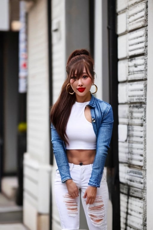 slim supermodel girl, beautiful detailed eyes, tight jeans, cropped denim jacket, kairi sane hairstyle, kairi sane face, red lips, supermodel detailed makeup,1girl folded ponytail, hoop earrings,kairisane