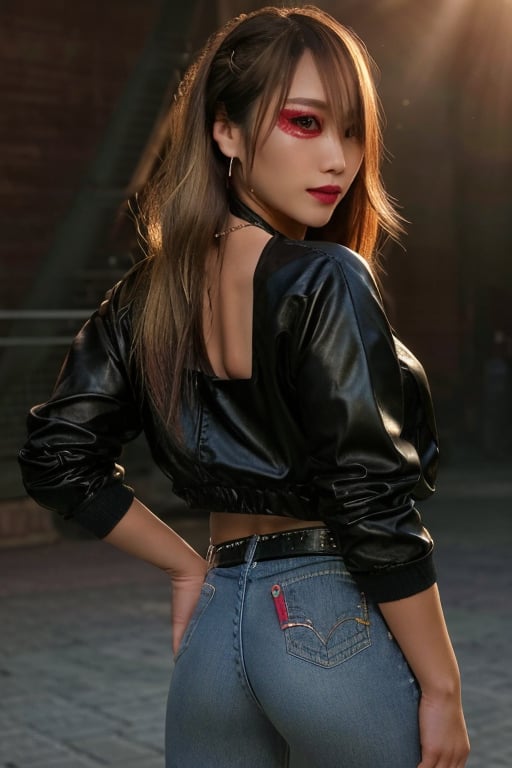 Japanese levi's girl 36 years old standing candidly, flirty pose, she is wearing levi's clothes, levi's ex-boyfriend jacket, hot latina shirt type, jewel bracelerts, waist chain, fashion outfit, raw style, punk like make up, large hoop earrings, long hair, kairi sane hairstyle, blonde hair, Sony A7III, aspect ratio 1:2, hyperreal, photorealistic quality, dramatic backlighting, soft shadows, depth of field, ultra clear, UHD drawing