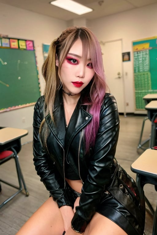 High school japanese bad girl, hot makeup, sexy biker girl jacket, high school uniform, red lips, cute style, blonde haircolor, kairi sane face, kairi sane hairstyle, she is posing sexy in her classroom,kairisane