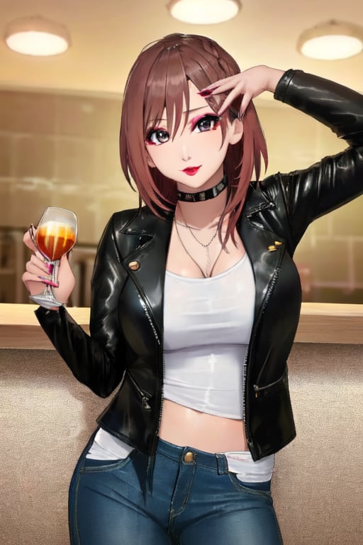 Japanese female night girl, she is a bad girl, hot makeup, red lips, teacher fashion style, hot jeans, biker leather female jacket, kairi sane face, kairi sane hairstyle, she is posing sexy and sugestive in a bar,kairisane