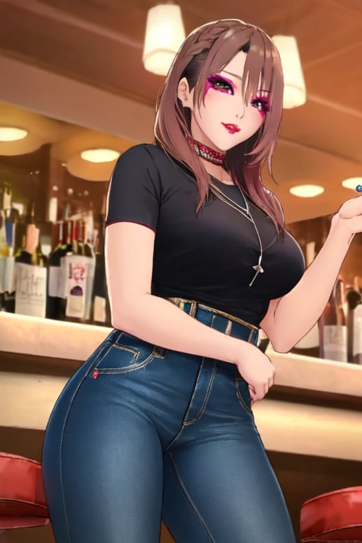 Japanese female night girl, she is a bad girl, hot makeup, red lips, teacher fashion style, hot jeans, kairi sane face, kairi sane hairstyle, she is posing sexy and sugestive in a bar,kairisane