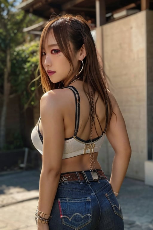 Japanese levi's girl 36 years old standing candidly, flirty pose, she is wearing levi's clothes, jewel bracelerts, waist chain, fashion outfit, raw style, punk like make up, large hoop earrings, long hair, captured from the back, kairi sane hairstyle, blonde hair, Sony A7III, aspect ratio 1:2, hyperreal, photorealistic quality, dramatic backlighting, soft shadows, depth of field, ultra clear, UHD drawing