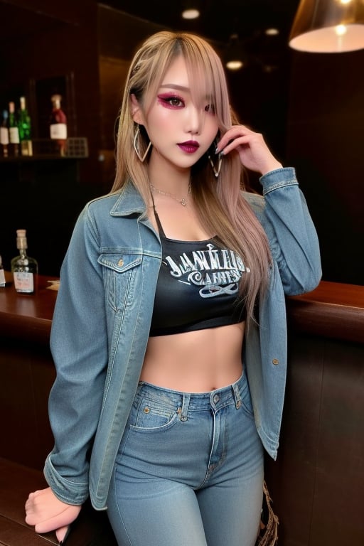 supermodel asian girl, 29 years old, beautiful detailed eyes, make-up, dark lips, posing sexy, full body shot in a bar drinking a whisky, kairi sane hairstyle blonde hair, loose 80s levis jeans type, jack daniels t-shirt resemble, fitted levi's denim jacket type in very strong acid wash blue color, large hoop earrings