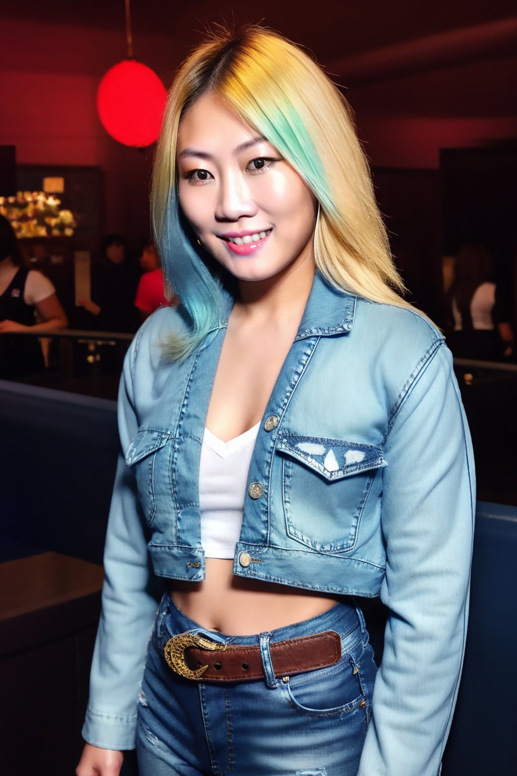 Japanese woman wearing cropped light blue denim jacket and tight light blue jeans, fitted t-shirt, 19 years old, punk belt, fashion girl make-up, big hoop earrings, flirty lips, smile, she is dating with you in a night club, blonde hair color