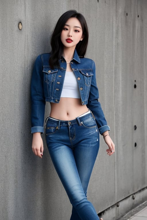 Bad and rebel girl having a good time in a photoshoot model for levi's, slim body, she is wearing a rebel and bad girl outfit with tight jeans and a cropped denim jacket to her waist, high heel boots