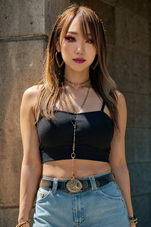 Japanese levi's girl 36 years old standing candidly, flirty pose, she is wearing levi's clothes, jewel bracelerts, waist chain, fashion outfit, raw style, punk like make up, large hoop earrings, long hair, kairi sane hairstyle, blonde hair, Sony A7III, aspect ratio 1:2, hyperreal, photorealistic quality, dramatic backlighting, soft shadows, depth of field, ultra clear, UHD drawing