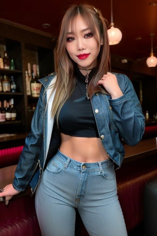 supermodel asian girl, 40 years old, beautiful detailed eyes, tight jeans, cropped denim jacket, make-up, red lips, posing sexy, full body shot in a bar posing so sexy, she is taking her jacket off, kairi sane hairstyle, flirty smile