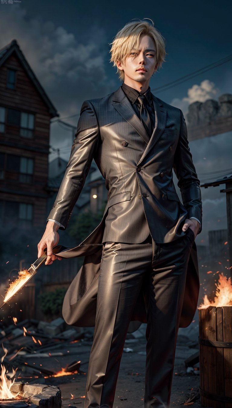 A man with long blonde hair, wearing a sleek black suit, standing in a dynamic pose in front of a burning fire that illuminates his face with dramatic shadows. Inspired by Eiichiro Oda's art for One Piece, specifically a featured piece on CGSociety. The aim is to achieve a level of photographic realism, capturing the essence of Sanji's character in his official anime style. A high definition rendering suitable for display on Behance and other digital art media is preferred