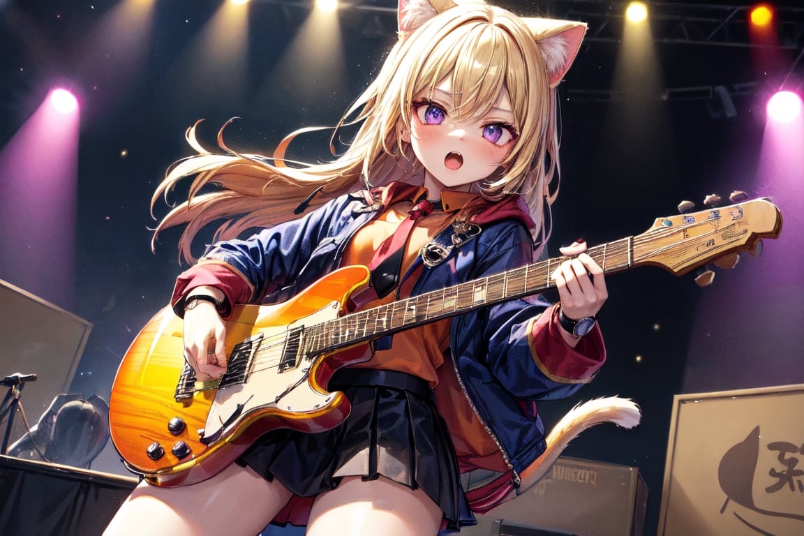 solo,closeup face,cat girl,cat tail,colorful aura,golden hair,long hair,animal head,red tie,blue jacket,colorful short skirt,orange shirt,colorful sneakers,wearing a colorful  watch,singing in front of microphone,play electric guitar,animals background,fireflies,shining point,concert,colorful stage lighting,no people