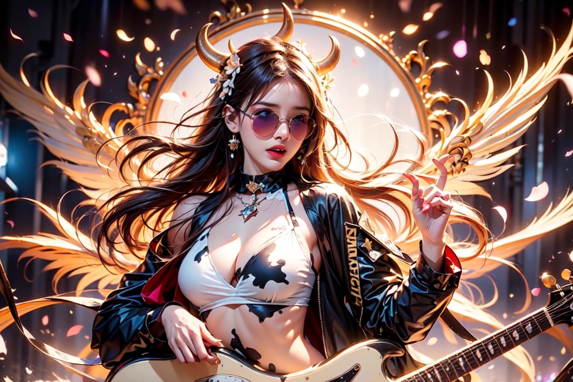 solo,cow girl,closeup face,cow head,play electric guitar,singing in front of microphone,
milk wings,hungry pose,milk sunglasses,milk pantyhose,cow jacket,cow shirt,cow  shorts,milk sneakers,cow underwear,milk aura,5_figner,shining point,concert,colorful stage lighting,milk background,no people