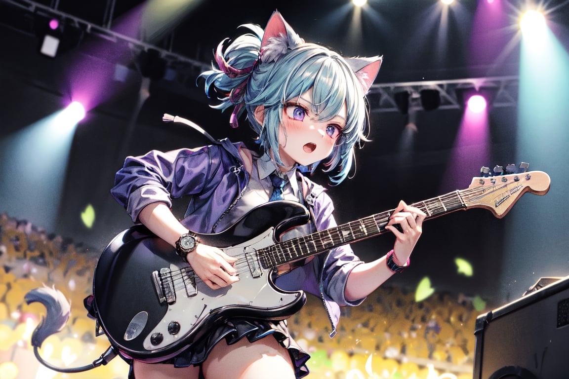 solo,closeup face,cat girl,cat tail,colorful aura,blue hair,short hair,colorful tie,colorful jacket,colorful short skirt,colorful shirt,colorful sneakers,wearing a colorful  watch,singing in front of microphone,play electric guitar,animals background,fireflies,shining point,concert,colorful stage lighting,no people