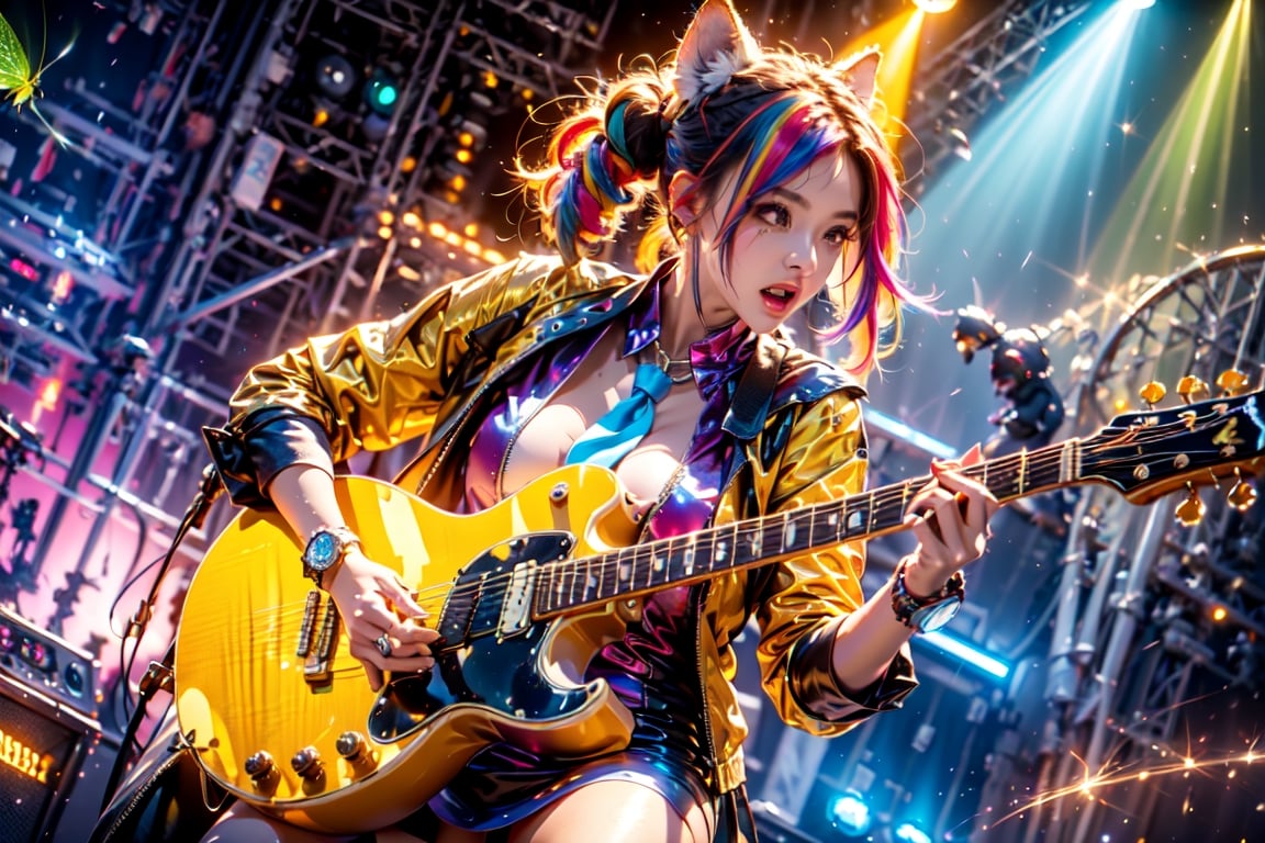 solo,closeup face,animal girl,colorful aura,colorful hair,animal head,colorful  tie,colorful jacket,colorful short skirt,orange shirt,colorful sneakers,wearing a colorful watch,singing in front of microphone,play electric guitar,animals background,fireflies,shining point,concert,colorful stage lighting,no people