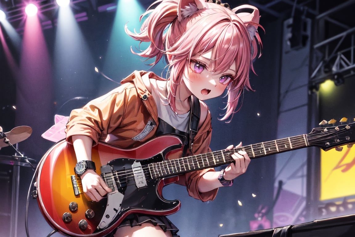 solo,closeup face,animal girl,colorful aura,pink hair,animal head,red tie,colorful  jacket,colorful short skirt,orange shirt,colorful sneakers,wearing a colorful  watch,singing in front of microphone,play electric guitar,animals background,fireflies,shining point,concert,colorful stage lighting,no people