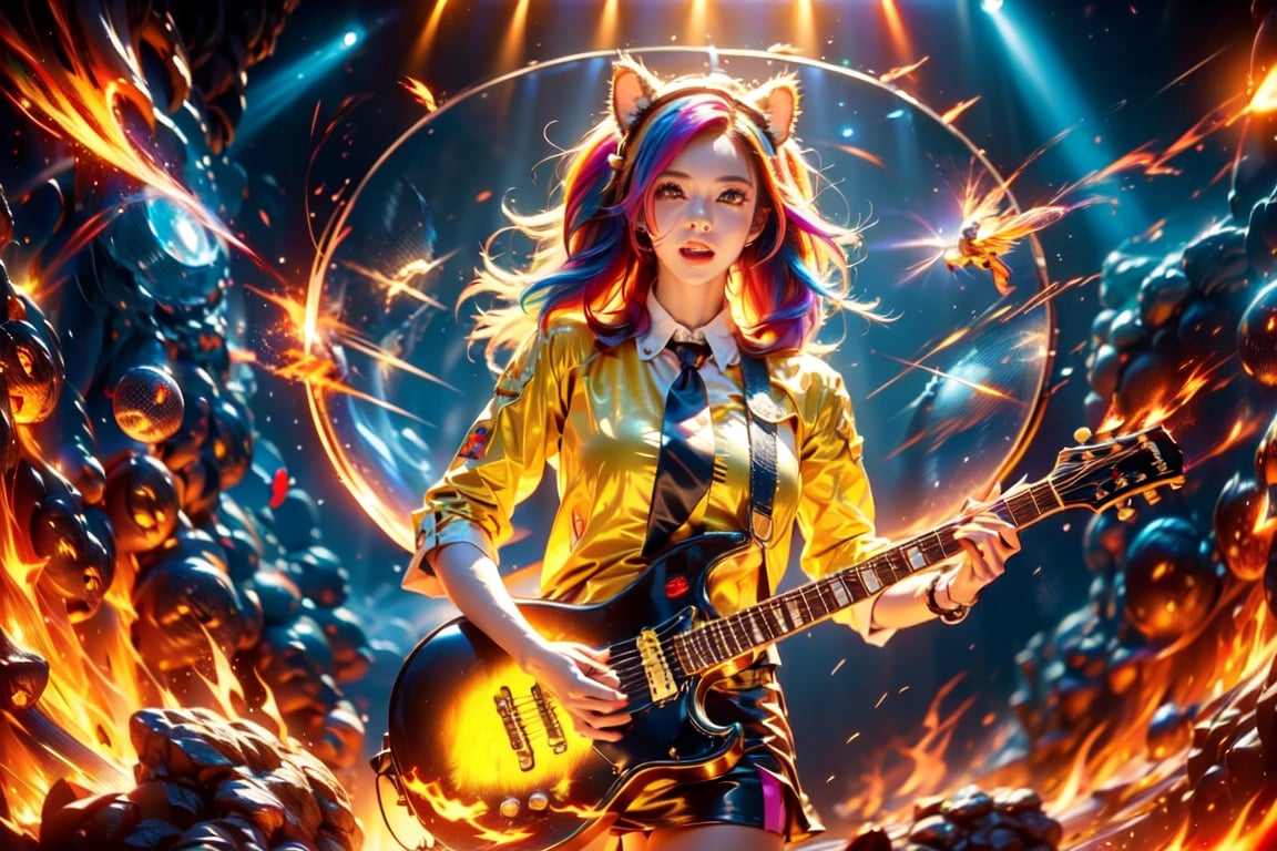 solo,closeup face,animal girl,colorful aura,colorful hair,animal head,colorful  tie,colorful jacket,colorful short skirt,orange shirt,colorful sneakers,wearing a colorful watch,singing in front of microphone,play electric guitar,animals background,fireflies,shining point,concert,colorful stage lighting,no people,Lightning,Fire