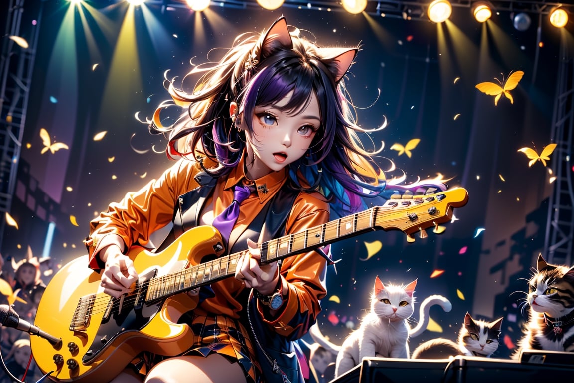 solo,closeup face,cat girl,colorful aura,purple hair,animal head,red tie,colorful  jacket,colorful short skirt,orange shirt,colorful sneakers,wearing a colorful  watch,singing in front of microphone,play electric guitar,animals background,fireflies,shining point,concert,colorful stage lighting,no people