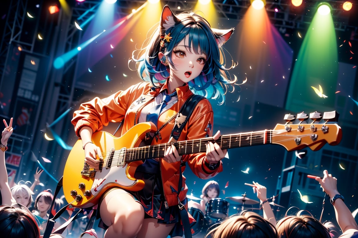 solo,closeup face,animal girl,colorful aura,colorful hair,animal head,red tie,colorful  jacket,colorful short skirt,orange shirt,colorful sneakers,wearing a colorful  watch,singing in front of microphone,play electric guitar,animals background,fireflies,shining point,concert,colorful stage lighting,no people