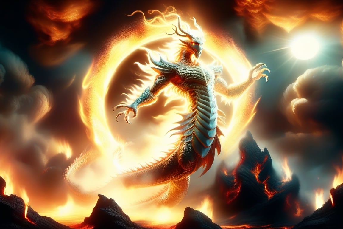 magic circle,fire body,orange_body,transparent body,horns,no humans, dragon, retro artstyle,orange fire theme,shining,red light shining,solar halo,sun,magma background,lava,multiple geometries halo,dark red background,fire tornado,golden scales,diamond,glowing eyes,beams everywhere