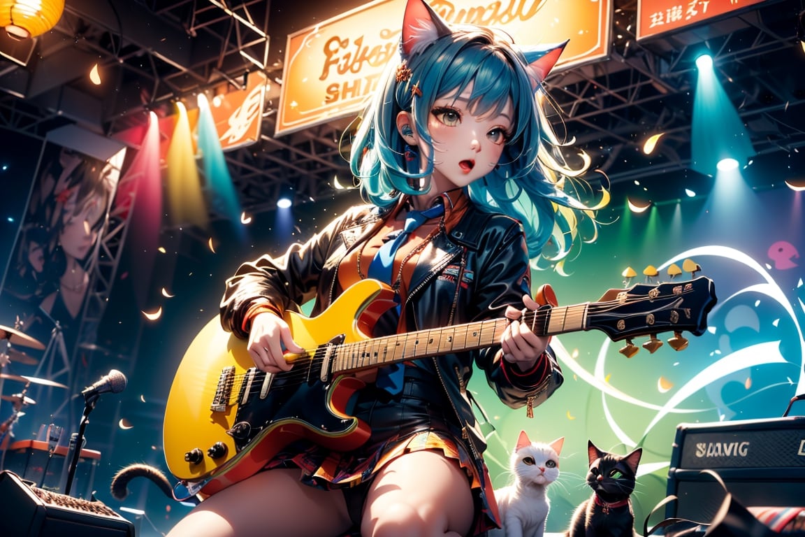 solo,closeup face,cat girl,colorful aura,blue hair,animal head,red tie,colorful  jacket,colorful short skirt,orange shirt,colorful sneakers,wearing a colorful  watch,singing in front of microphone,play electric guitar,animals background,fireflies,shining point,concert,colorful stage lighting,no people