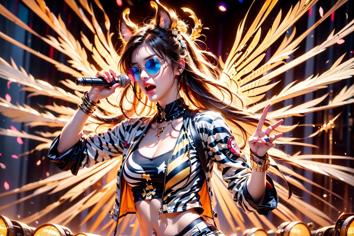 solo,zebra girl,closeup face,zebra head,play electric guitar,singing in front of microphone,
golden wings,hungry pose,zebra sunglasses,zebra  pantyhose,zebra  jacket,zebra shirt,zebra shorts,zebra  sneakers,zebra underwear,panda aura,5_figner,shining point,concert,colorful stage lighting,animals background,no people