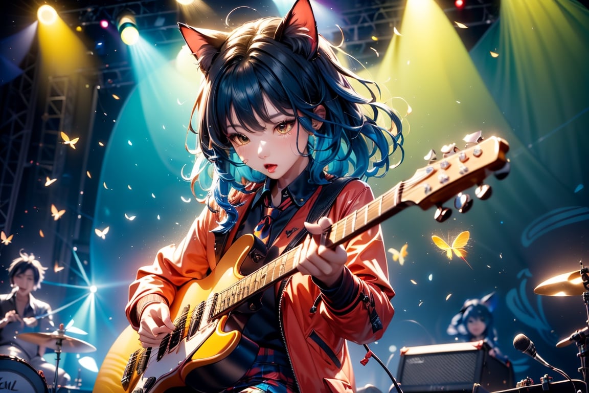 solo,closeup face,cat girl,colorful aura,blue hair,animal head,red tie,colorful  jacket,colorful short skirt,orange shirt,colorful sneakers,wearing a colorful  watch,singing in front of microphone,play electric guitar,animals background,fireflies,shining point,concert,colorful stage lighting,no people