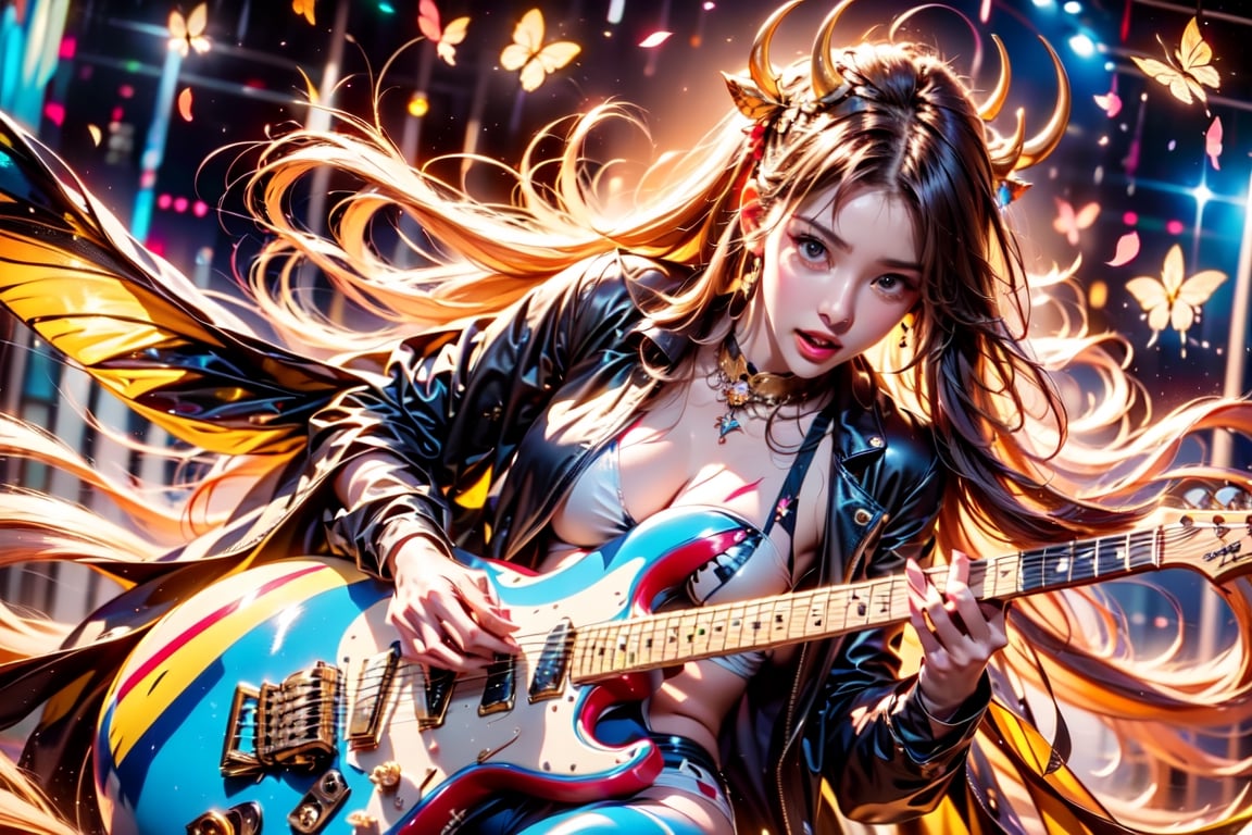 solo,cow girl,closeup face,cow head,holding electric guitar,singing in front of microphone,
cow wings,hungry pose,milk pantyhose,cow jacket,cow shirt,zebra shorts,cow underwear,milk aura,shining point,concert,colorful stage lighting,milk background,no people,Butterfly,electric guitar,rock music