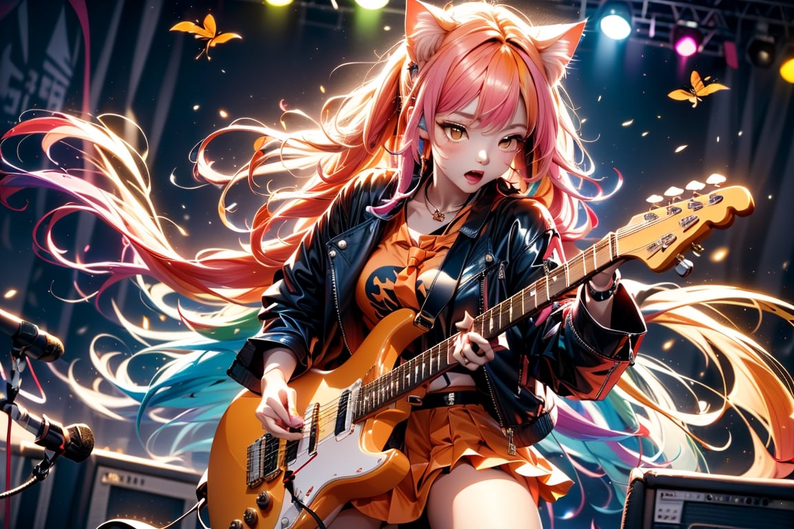 solo,closeup face,cat girl,colorful aura,pink hair,long hair,animal head,red tie,colorful jacket,colorful short skirt,orange shirt,colorful sneakers,wearing a colorful  watch,singing in front of microphone,play electric guitar,animals background,fireflies,shining point,concert,colorful stage lighting,no people