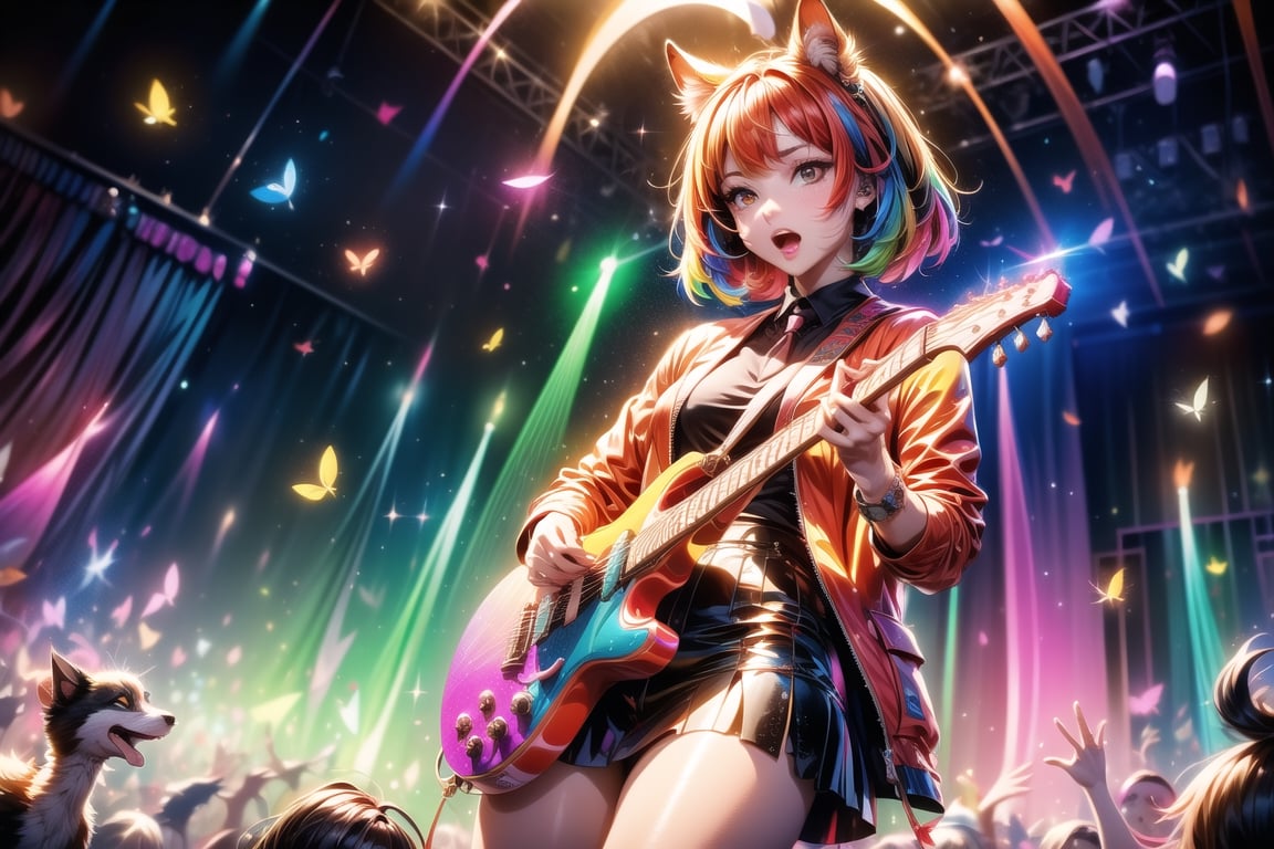 solo,closeup face,animal girl,colorful aura,colorful hair,animal head,red tie,colorful  jacket,colorful short skirt,orange shirt,colorful sneakers,wearing a colorful  watch,singing in front of microphone,play electric guitar,animals background,fireflies,shining point,concert,colorful stage lighting,no people