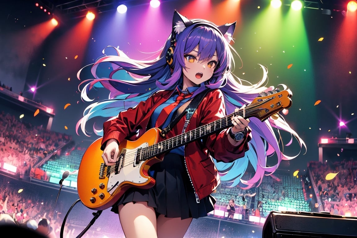 solo,closeup face,cat girl,cat tail,colorful aura,colorful purple hair,long hair,animal head,red tie,blue jacket,colorful short skirt,orange shirt,colorful sneakers,wearing a colorful  watch,singing in front of microphone,play electric guitar,animals background,fireflies,shining point,concert,colorful stage lighting,no people