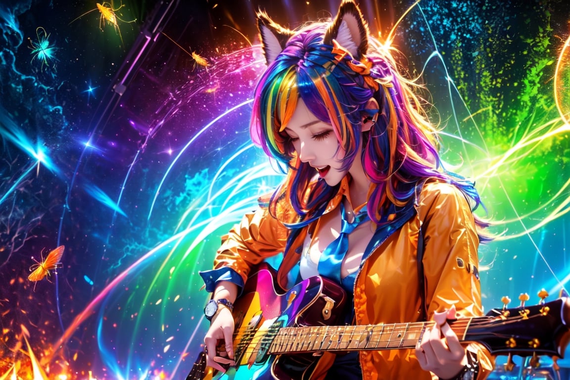 solo,closeup face,animal girl,colorful aura,colorful hair,animal head,colorful  tie,colorful jacket,colorful short skirt,orange shirt,colorful sneakers,wearing a colorful watch,singing in front of microphone,play electric guitar,animals background,fireflies,shining point,concert,colorful stage lighting,no people