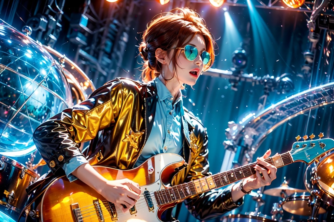 closeup face,solo,1boy,blue glowing aura,thick hair,orange hair,brown hair,gold frame sunglasses,red tie,red jacket,teal shorts,White shirt,a gold edge pocket on left side pants,white sneakers,right hand wearing a white square watch,white sneakers,singing in front of microphone,play electric guitar,universe background,cyan beam,fireflies,shining point,concert,colorful stage lighting,no people
