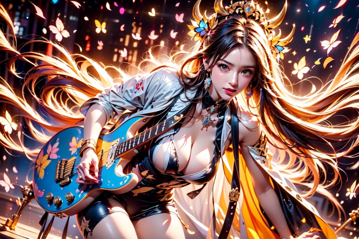 solo,cow girl,closeup face,cow head,holding electric guitar,singing in front of microphone,
cow wings,hungry pose,milk pantyhose,cow jacket,cow shirt,zebra shorts,cow underwear,milk aura,shining point,concert,colorful stage lighting,milk background,no people,Butterfly,electric guitar,rock music