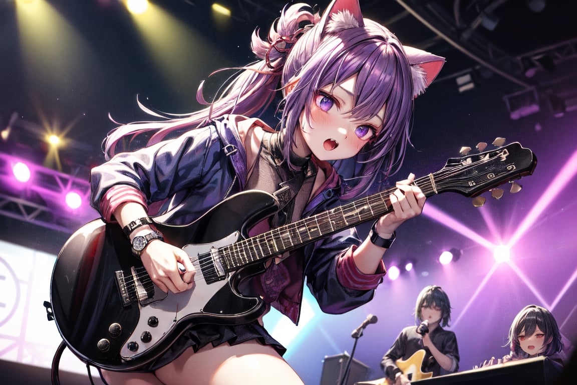 solo,closeup face,cat girl,cat tail,colorful aura,purple hair,double long hair  tail,colorful tie,colorful jacket,colorful short skirt,colorful shirt,colorful sneakers,wearing a colorful  watch,singing in front of microphone,play electric guitar,animals background,fireflies,shining point,concert,colorful stage lighting,no people