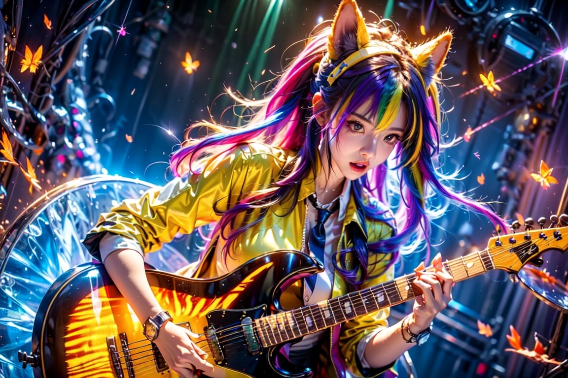 solo,closeup face,animal girl,colorful aura,colorful hair,animal head,colorful  tie,colorful jacket,colorful short skirt,orange shirt,colorful sneakers,wearing a colorful watch,singing in front of microphone,play electric guitar,animals background,fireflies,shining point,concert,colorful stage lighting,no people