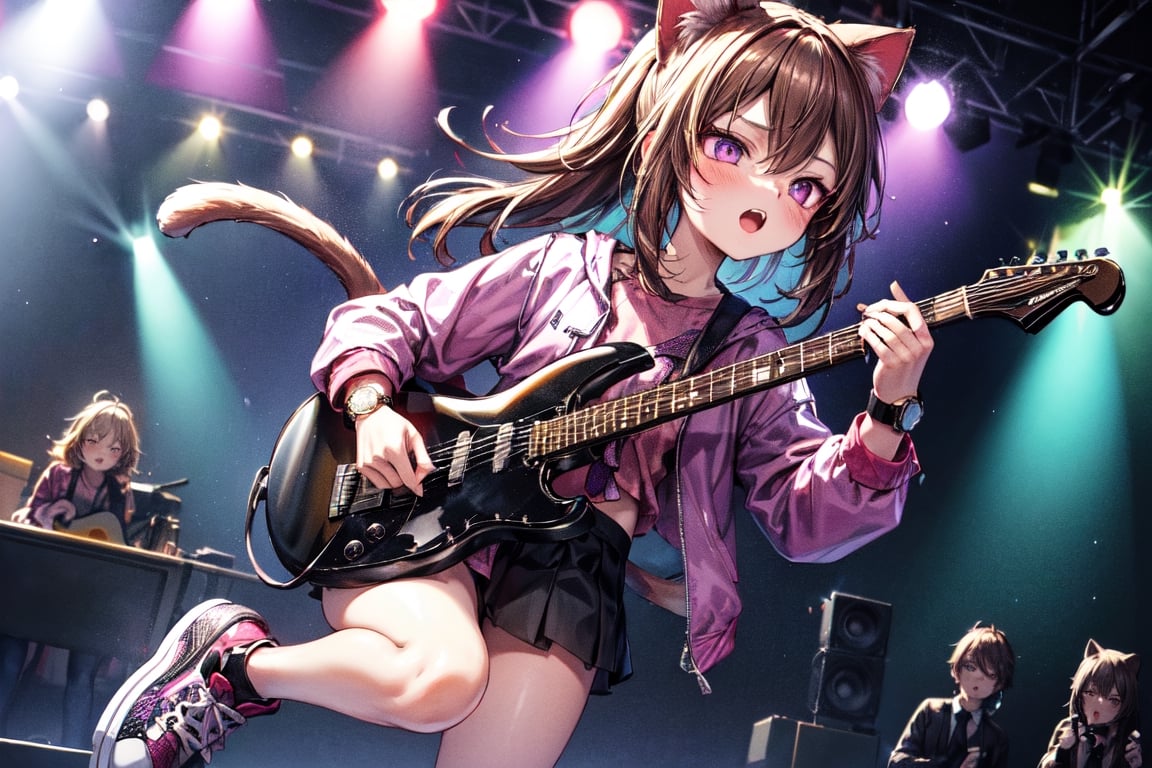 solo,closeup face,cat girl,cat tail,colorful aura,brown hair,long hair,colorful tie,pink jacket,colorful short skirt,colorful shirt,colorful sneakers,wearing a colorful watch,singing in front of microphone,play electric guitar,animals background,fireflies,shining point,concert,colorful stage lighting,no people