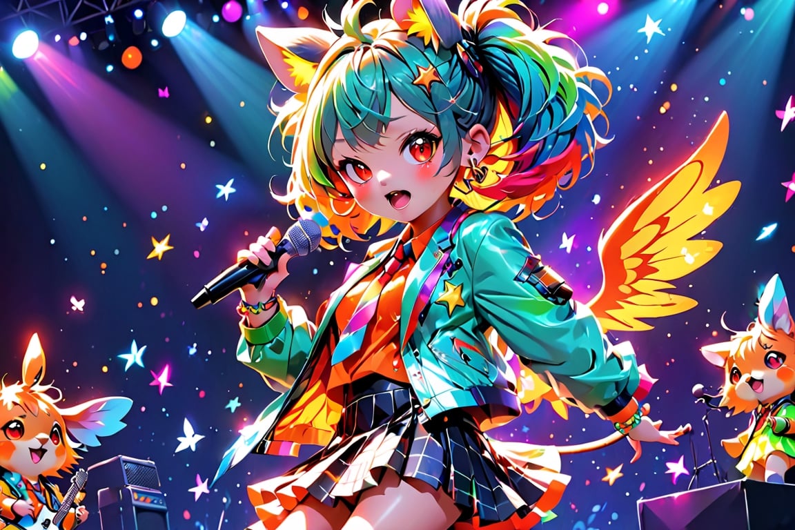 solo,closeup face,animal girl,colorful aura,colorful hair,animal head,red tie,colorful  jacket,colorful short skirt,orange shirt,colorful sneakers,wearing a colorful  watch,singing in front of microphone,play electric guitar,animals background,fireflies,shining point,concert,colorful stage lighting,no people