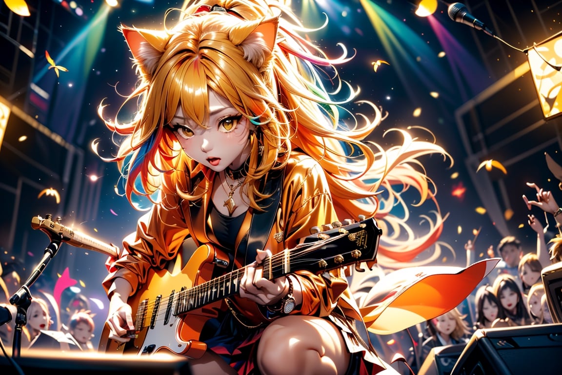 solo,closeup face,cat girl,cat tail,colorful aura,golden hair,long hair,animal head,red tie,colorful  jacket,colorful short skirt,orange shirt,colorful sneakers,wearing a colorful  watch,singing in front of microphone,play electric guitar,animals background,fireflies,shining point,concert,colorful stage lighting,no people