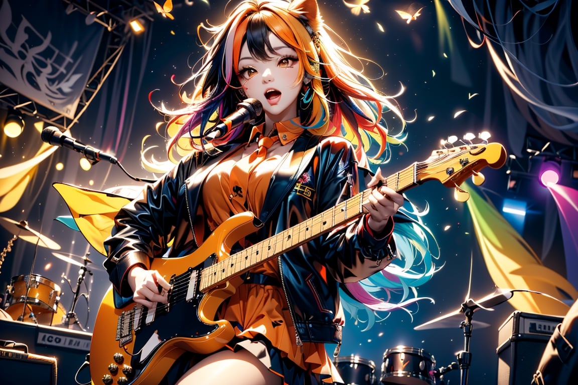 solo,closeup face,animal girl,colorful aura,colorful hair,animal head,red tie,colorful  jacket,colorful short skirt,orange shirt,colorful sneakers,wearing a colorful  watch,singing in front of microphone,play electric guitar,animals background,fireflies,shining point,concert,colorful stage lighting,no people,Korean