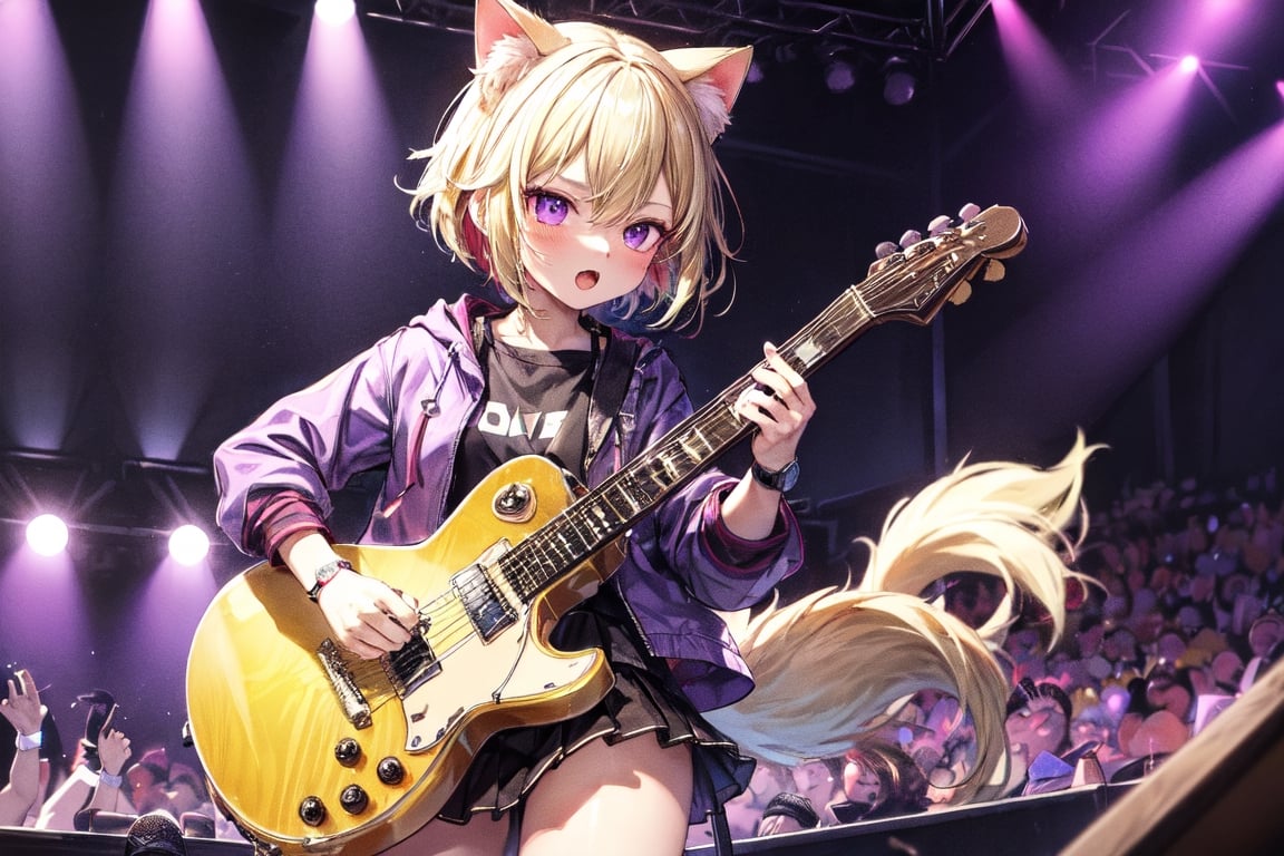 solo,closeup face,cat girl,cat tail,colorful aura,golden hair,short hair,colorful tie,colorful jacket,colorful short skirt,colorful shirt,colorful sneakers,wearing a colorful  watch,singing in front of microphone,play electric guitar,animals background,fireflies,shining point,concert,colorful stage lighting,no people