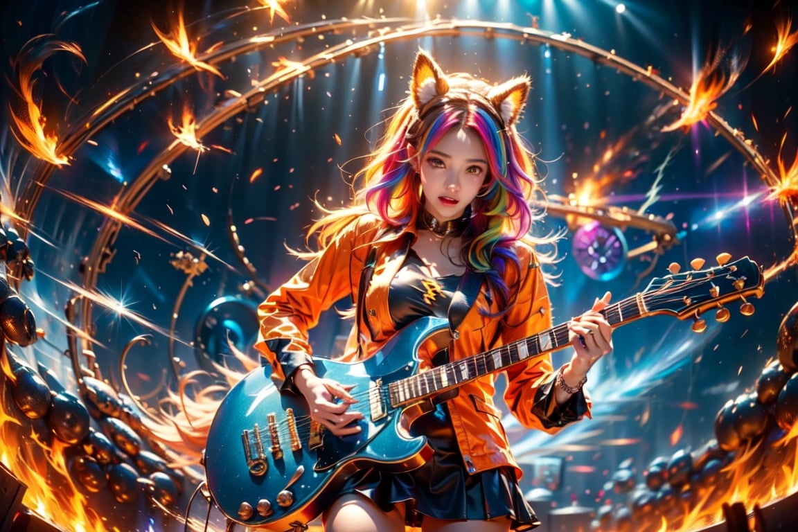 solo,closeup face,animal girl,colorful aura,colorful hair,animal head,colorful  tie,colorful jacket,colorful short skirt,orange shirt,colorful sneakers,wearing a colorful watch,singing in front of microphone,play electric guitar,animals background,fireflies,shining point,concert,colorful stage lighting,no people,Lightning,Fire