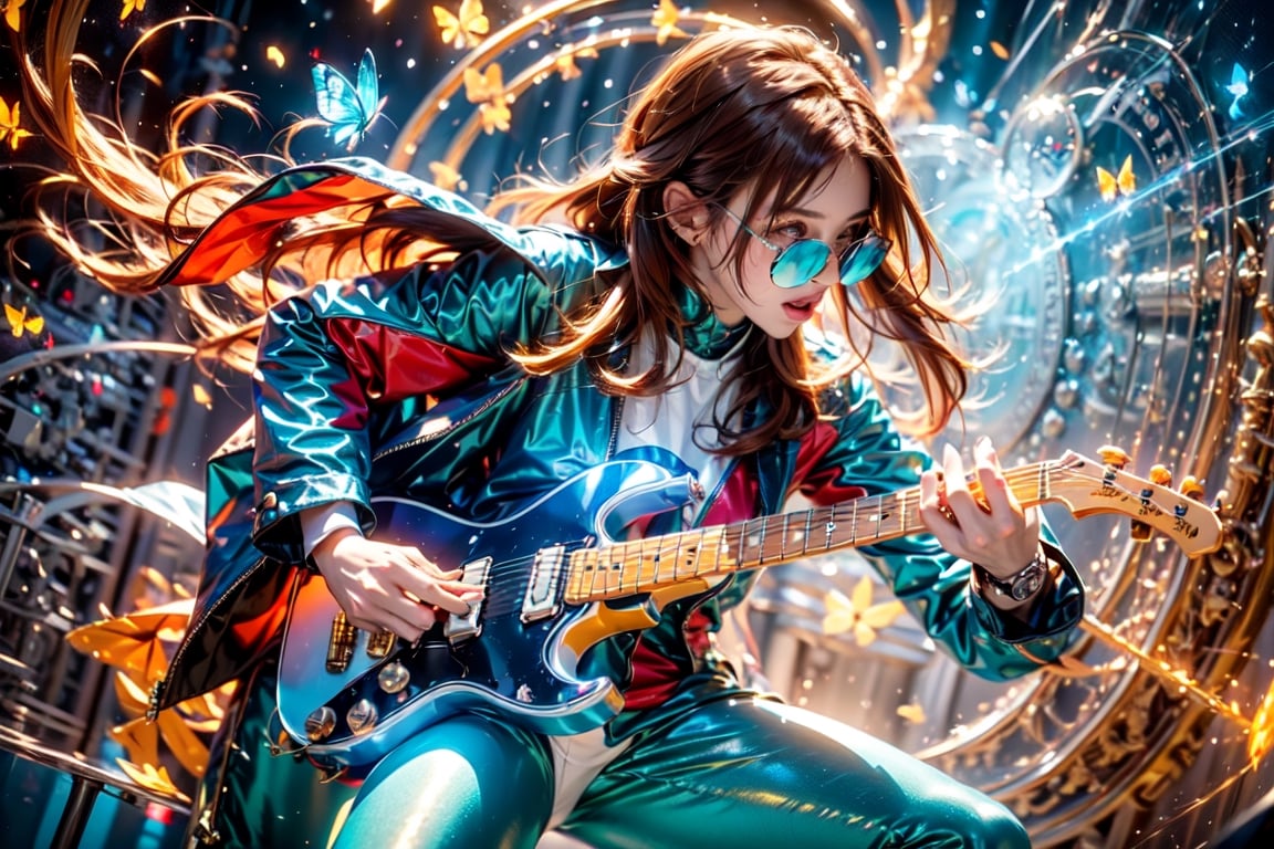 closeup face,1boy,blue glowing aura,thick hair,orange hair,brown hair,gold frame sunglasses,red tie,red jacket,teal shorts,White shirt,a gold edge pocket on left side pants,white sneakers,right hand wearing a white square watch,white sneakers,singing in front of microphone,play electric guitar,universe background,cyan beam,fireflies,shining point,concert,colorful stage lighting,no people,Butterfly