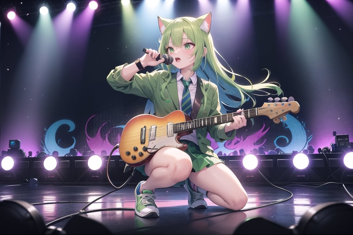 solo,closeup face,cat girl,cat tail,colorful aura,green hair,long hair,colorful tie,green jacket,colorful short skirt,colorful shirt,colorful sneakers,wearing a colorful watch,singing in front of microphone,play electric guitar,animals background,fireflies,shining point,concert,colorful stage lighting,no people