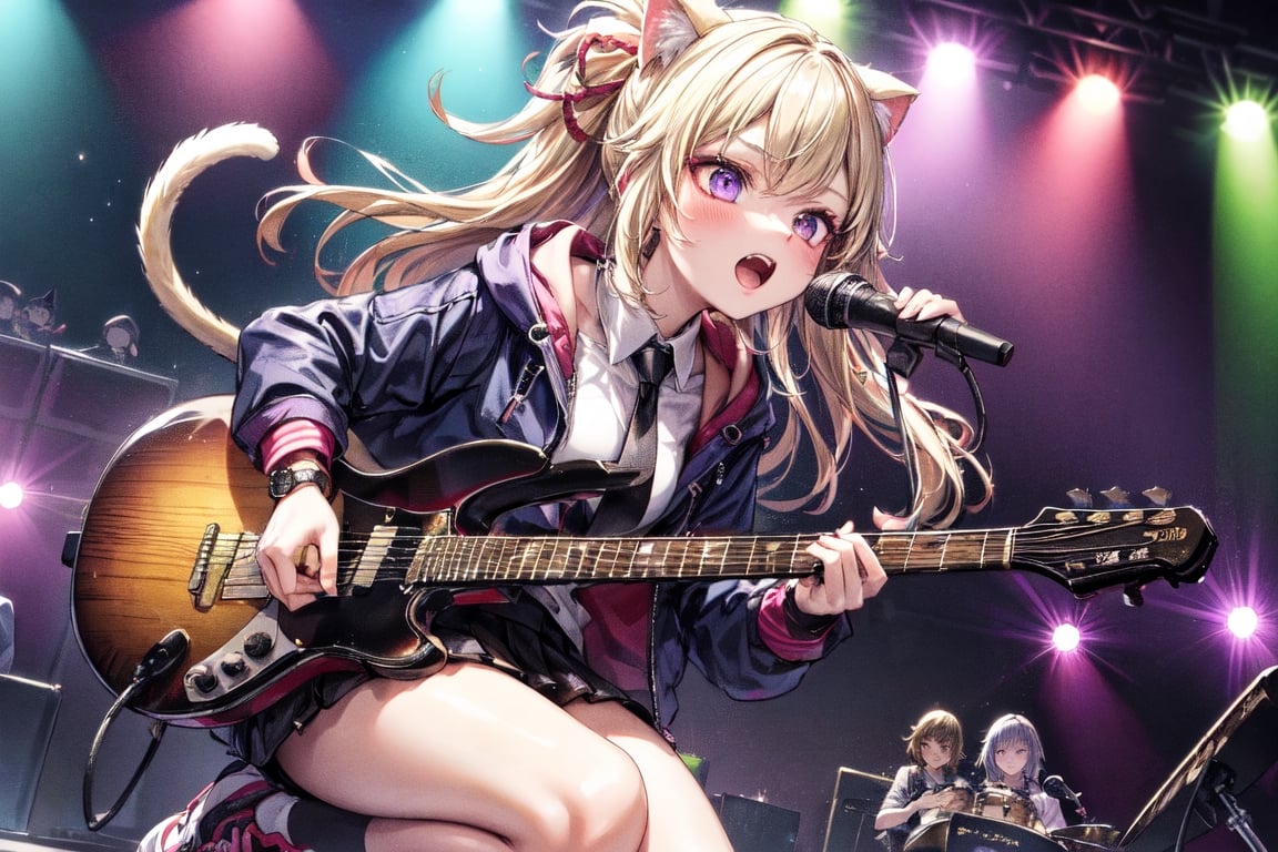 solo,closeup face,cat girl,cat tail,colorful aura,golden hair,long hair,double tail,colorful tie,colorful jacket,colorful short skirt,colorful shirt,colorful sneakers,wearing a colorful  watch,singing in front of microphone,play electric guitar,animals background,fireflies,shining point,concert,colorful stage lighting,no people